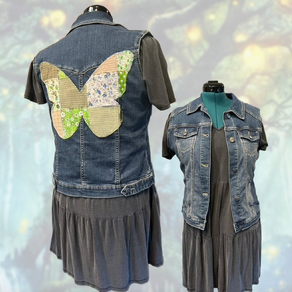 Upcycled Denim Vest with Patchwork Butterfly – Riders by Lee, Size M